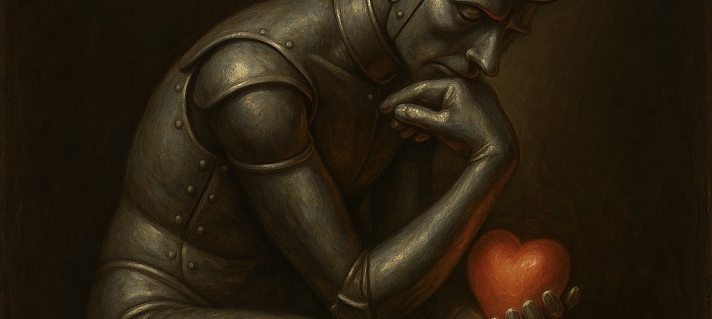 Reflective Tin Man holding a glowing heart